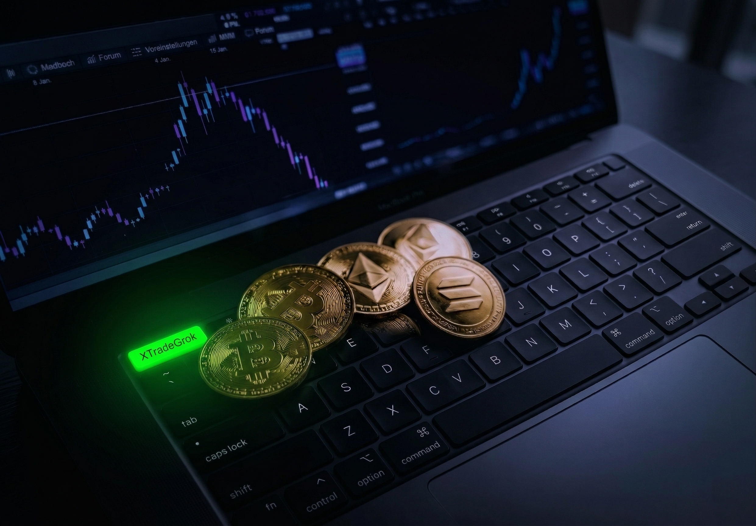 Bitcoin and Ethereum coins on a laptop with the xTradeGrok logo, representing a successful cryptocurrency signals strategy in the UK.