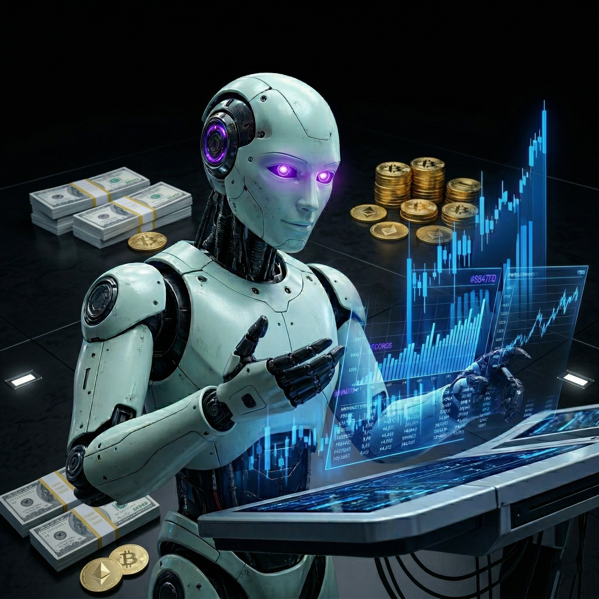 xTradeGrok neural bot analyzing holographic chart patterns crypto to execute high-frequency cryptocurrency signals for UK users.